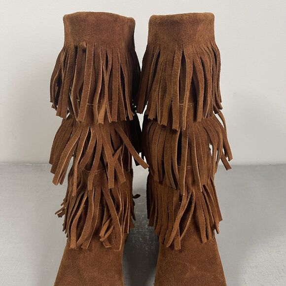 Minnetonka 3-Layer Fringe Suede Leather Moccasin Boots Size 8 Brown Boho Comfy - Picture 4 of 12